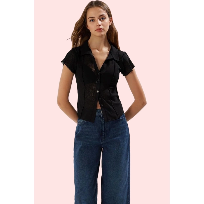 Kadın Köpük Kumaş Basic Fitted Gömlek Yaka Kısa Kollu Rahat Günlük Stil Yaz Aylarının Vazgeçilmezi
