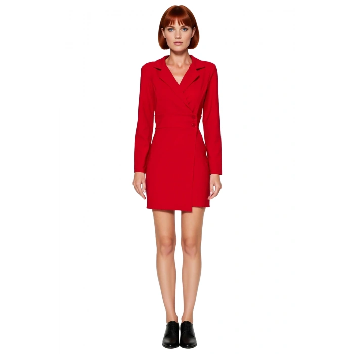 Kadın Kruvaze Ceket Yaka Mini Elbise Dokuma Kumaşıyla Smart İş Görünümü Sunar Kaliteli