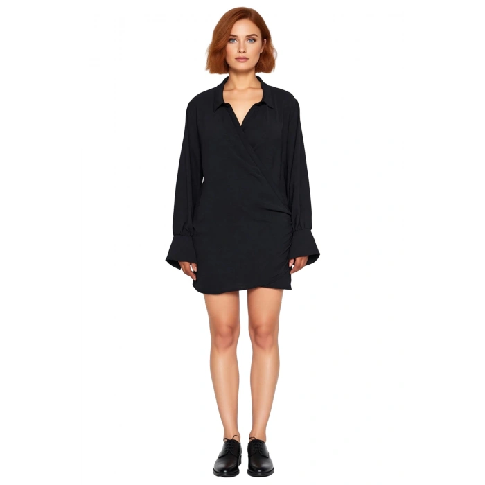 Kadın Kruvaze Düz Desen Mini Boy Uzun Kollu Dokuma Elbise Polyester Materyal İlkbahar Sonbahar