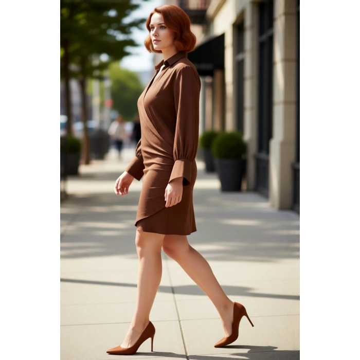 Kadın Kruvaze Düz Desen Mini Boy Uzun Kollu Dokuma Elbise Polyester Materyal İlkbahar Sonbahar