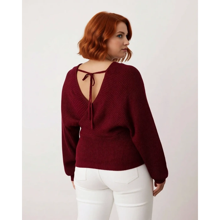 Kadın Kruvaze V Yaka Bağlamalı Arkası Açık Triko Kazak Yarasa Kol Düz Selanik Dokuma Kışlık