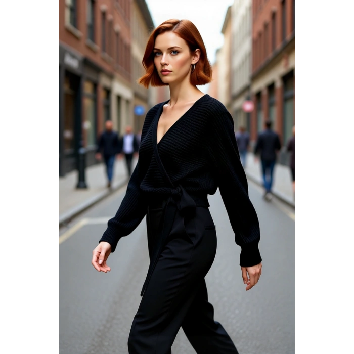 Kadın Kruvaze V Yaka Crop Triko Kazak Regular Kalıp Uzun Kollu Basic Siluet Kış Koleksiyonu