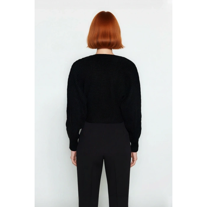 Kadın Kruvaze V Yaka Crop Triko Kazak Regular Kalıp Uzun Kollu Basic Siluet Kış Koleksiyonu