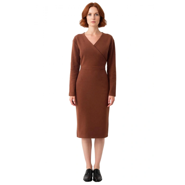 Kadın Kruvaze V Yaka Selanik Örme Bodycon Kışlık Midi Elbise Uzun Kollu Şık ve Konforlu Kaliteli