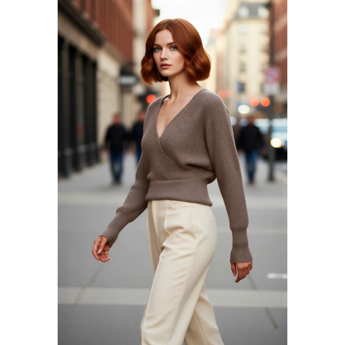 Kadın Kruvaze V Yaka Süper Crop Regular Kalıp Akrilik Triko Kazak Kış Sezonu İçin Şık Bir Seçenek