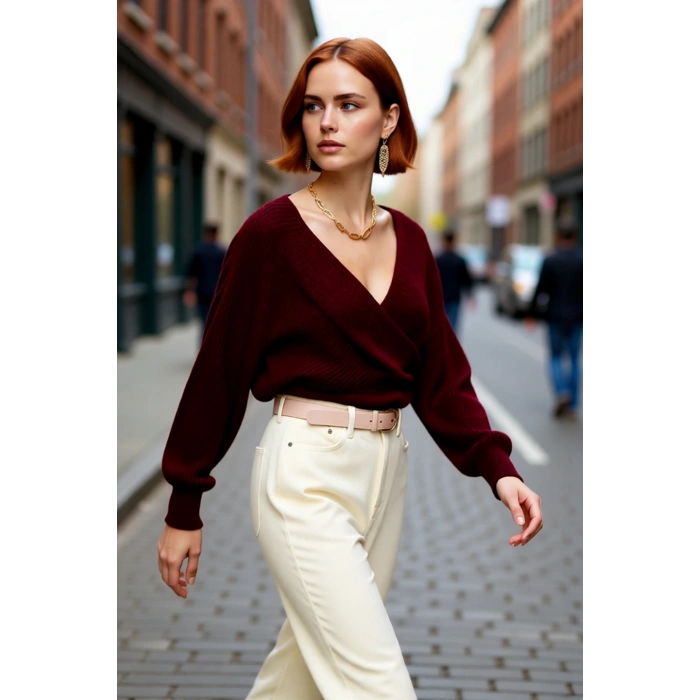 Kadın Kruvaze V Yaka Süper Crop Regular Kalıp Akrilik Triko Kazak Kış Sezonu İçin Şık Bir Seçenek