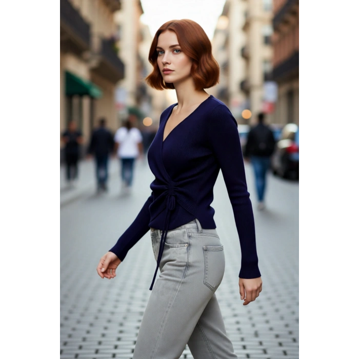 Kadın Kruvaze Yaka Bağcıklı Triko Üst Fitted Kalıp Uzun Kol Basic Siluet İle Günlük Şıklık