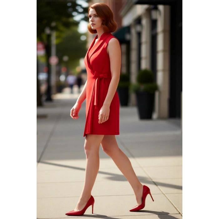 Kadın Kruvaze Yaka Kolsuz Mini Elbise Ofis Ve Özel Davetler İçin Şık Dokuma Tasarım Kaliteli