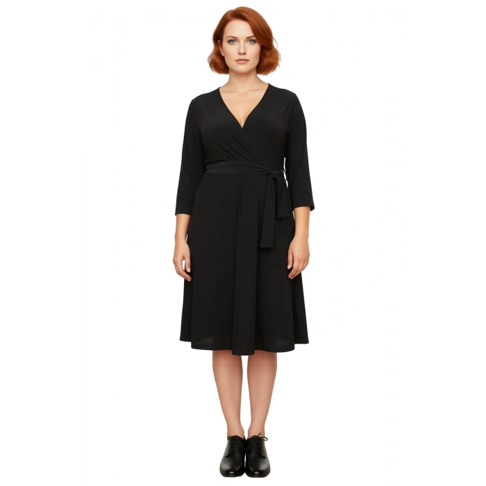 Kadın Kruvaze Yaka Kuşaklı Düz Desen A line Büyük Beden Örme Midi Elbise Rahatlık Sunar Kaliteli