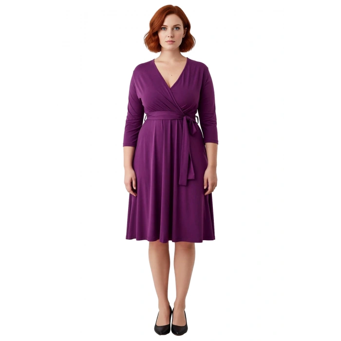 Kadın Kruvaze Yaka Kuşaklı Düz Desen A line Büyük Beden Örme Midi Elbise Rahatlık Sunar Kaliteli