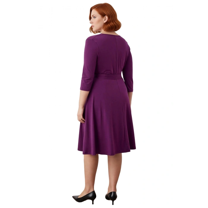 Kadın Kruvaze Yaka Kuşaklı Düz Desen A line Büyük Beden Örme Midi Elbise Rahatlık Sunar Kaliteli