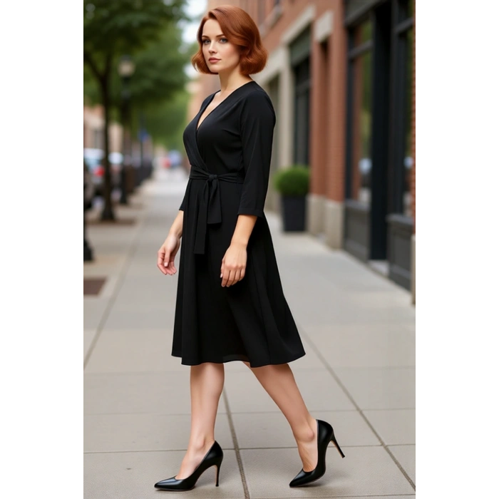 Kadın Kruvaze Yaka Kuşaklı Düz Desen A line Büyük Beden Örme Midi Elbise Rahatlık Sunar Kaliteli