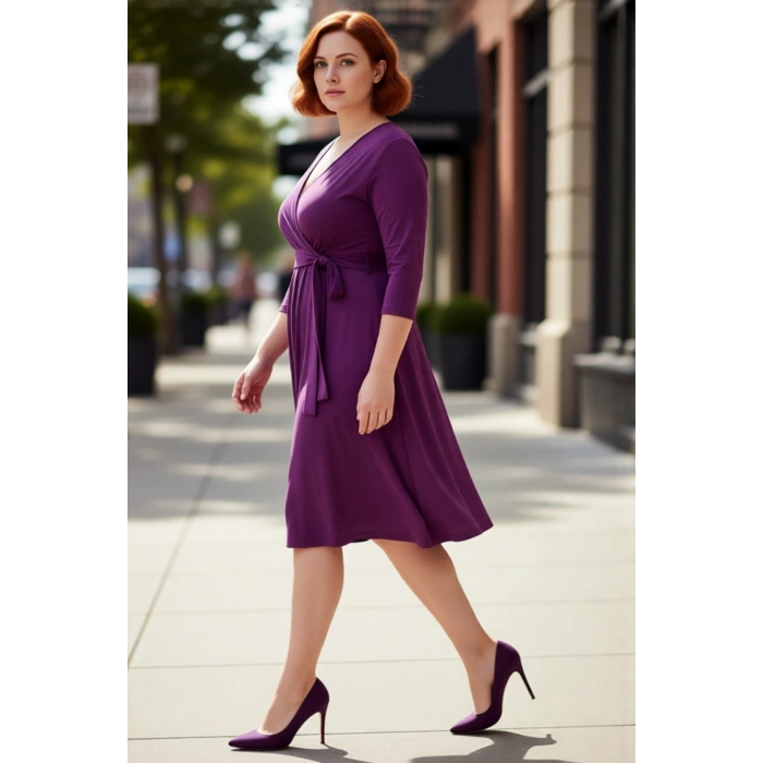 Kadın Kruvaze Yaka Kuşaklı Düz Desen A line Büyük Beden Örme Midi Elbise Rahatlık Sunar Kaliteli