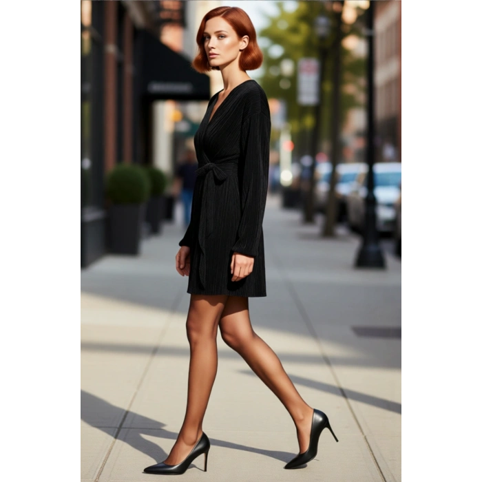 Kadın Kruvaze Yaka Pilise Dokulu Bağlama Detaylı Uzun Balon Kol Mini A Kesim Polyester Şık Kokteyl