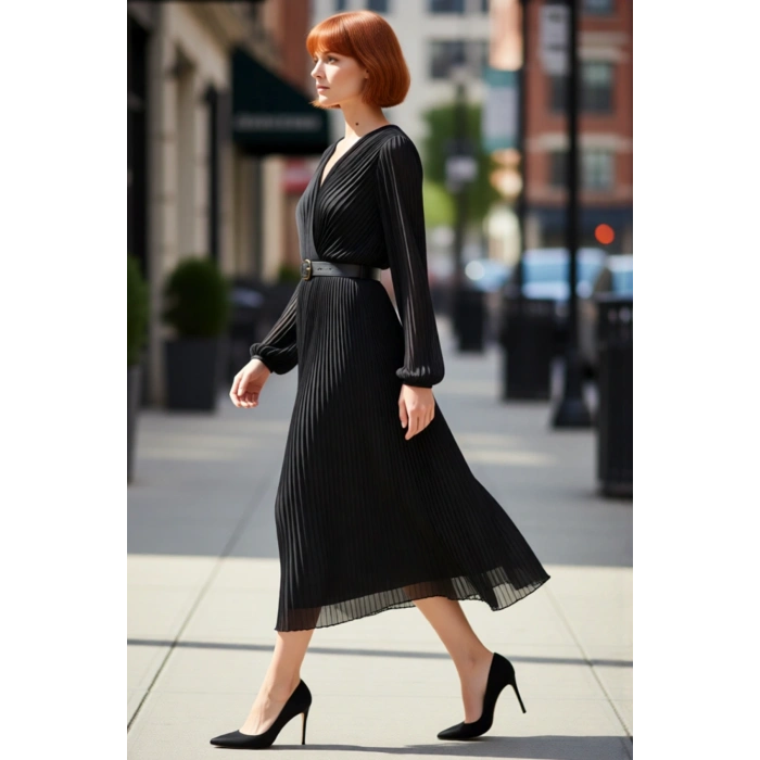 Kadın Kruvaze Yaka Piliseli A Kesim Şifon Maxi Elbise Astarlı Kemerli Uzun Kollu Şıklık Sunar