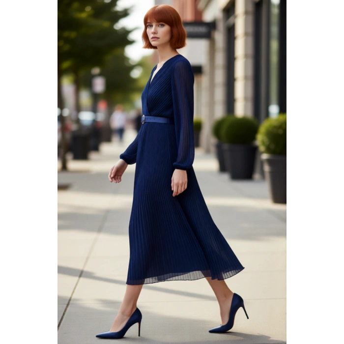 Kadın Kruvaze Yaka Piliseli A Kesim Şifon Maxi Elbise Astarlı Kemerli Uzun Kollu Şıklık Sunar