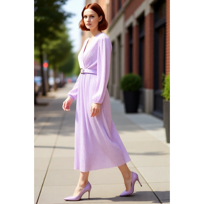 Kadın Kruvaze Yaka Piliseli A Kesim Şifon Maxi Elbise Astarlı Kemerli Uzun Kollu Şıklık Sunar
