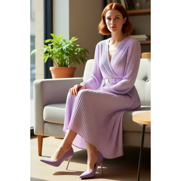 Kadın Kruvaze Yaka Piliseli A Kesim Şifon Maxi Elbise Astarlı Kemerli Uzun Kollu Şıklık Sunar