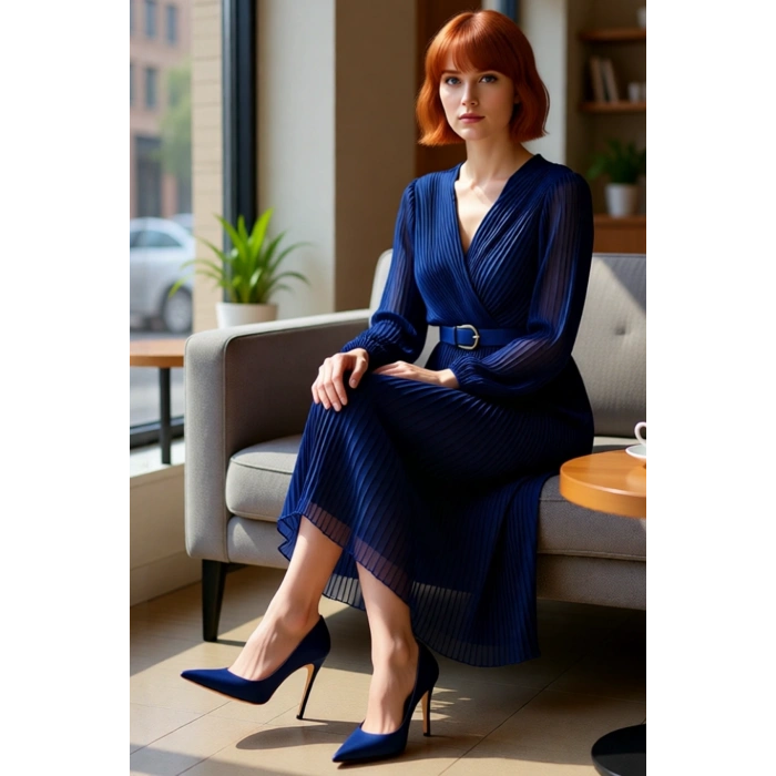 Kadın Kruvaze Yaka Piliseli A Kesim Şifon Maxi Elbise Astarlı Kemerli Uzun Kollu Şıklık Sunar