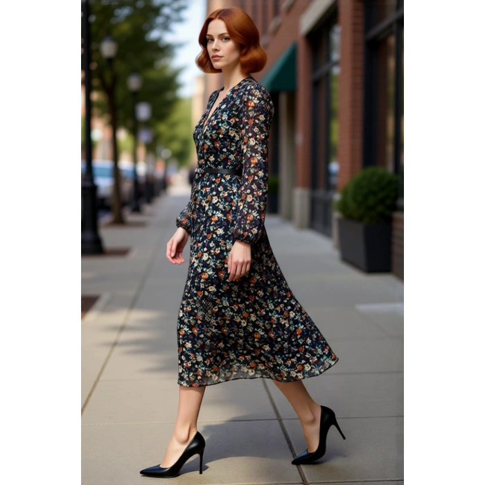 Kadın Kruvaze Yaka Şifon Midi Elbise Soyut Desenli Kemerli Uzun Balon Kol Skater Kalıp Modeli