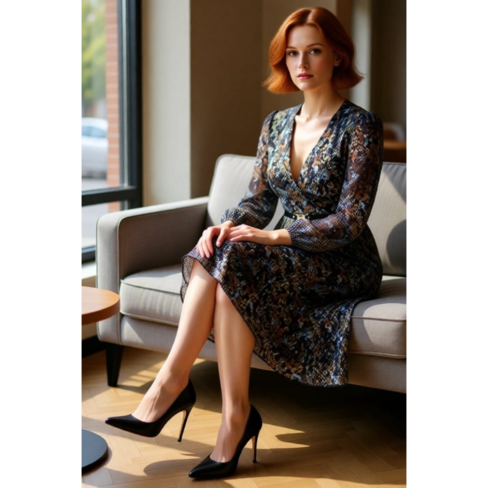 Kadın Kruvaze Yaka Şifon Midi Elbise Soyut Desenli Kemerli Uzun Balon Kol Skater Kalıp Modeli