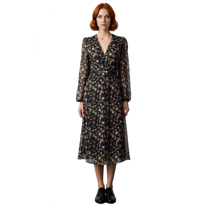 Kadın Kruvaze Yaka Şifon Midi Elbise Soyut Desenli Kemerli Uzun Balon Kol Skater Kalıp Modeli