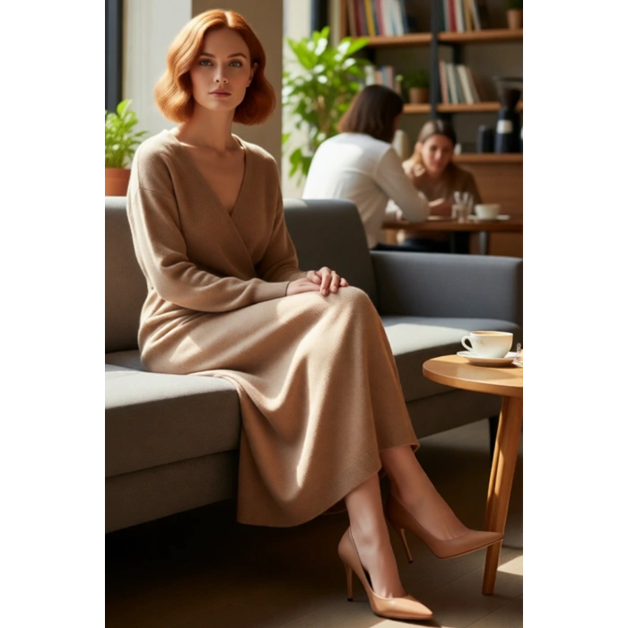 Kadın Kruvaze Yaka Triko Midi Elbise Düz Desenli Düşük Uzun Kollu Kuşak Detaylı Kışlık Şıklık