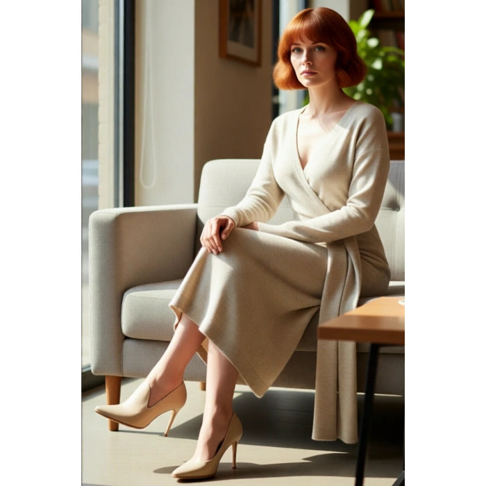 Kadın Kruvaze Yaka Triko Midi Elbise Düz Desenli Düşük Uzun Kollu Kuşak Detaylı Kışlık Şıklık