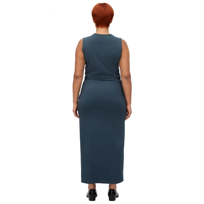 Kadın Kruvaze Yaka Yanları Büzgülü Kolsuz Maxi Boy Örme Kumaş Esnek Shift Kalıp Büyük Beden Elbise