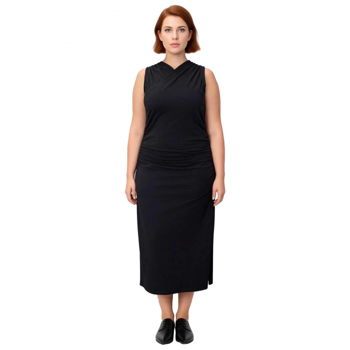 Kadın Kruvaze Yaka Yanları Büzgülü Kolsuz Maxi Boy Örme Kumaş Rahat Shift Kalıp Büyük Beden Elbise