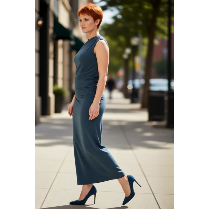 Kadın Kruvaze Yaka Yanları Büzgülü Kolsuz Maxi Boy Örme Kumaş Rahat Shift Kalıp Büyük Beden Elbise