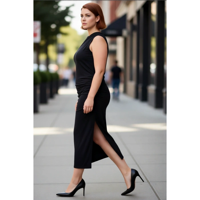 Kadın Kruvaze Yaka Yanları Büzgülü Kolsuz Maxi Boy Örme Kumaş Rahat Shift Kalıp Büyük Beden Elbise