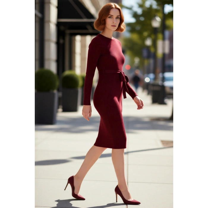 Kadın Kuşaklı Bodycon Triko Midi Elbise Bisiklet Yaka Uzun Standart Kollu Şık İlkbahar Sonbahar