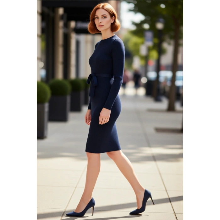 Kadın Kuşaklı Bodycon Triko Midi Elbise Bisiklet Yaka Uzun Standart Kollu Şık İlkbahar Sonbahar