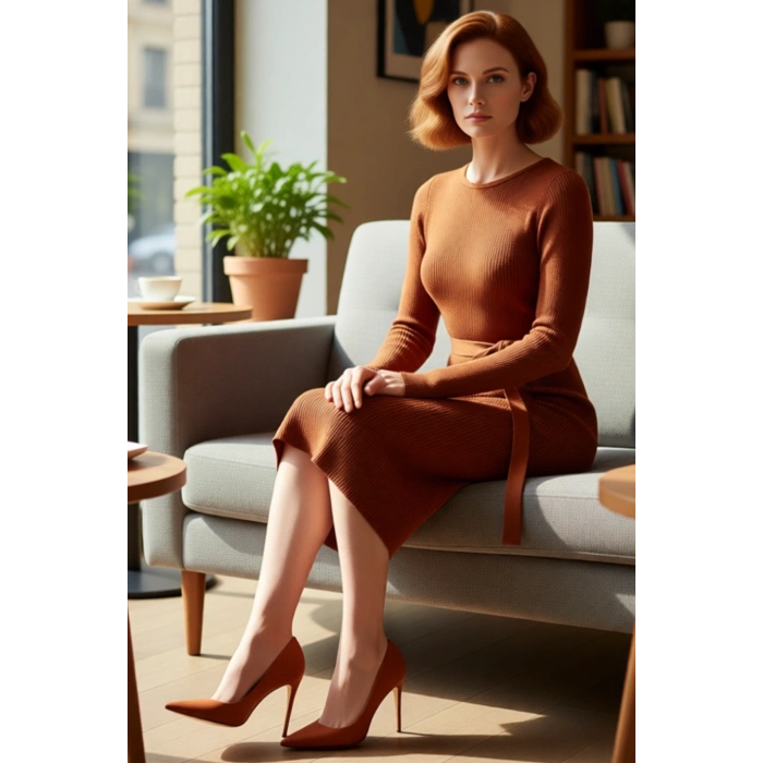 Kadın Kuşaklı Bodycon Triko Midi Elbise Bisiklet Yaka Uzun Standart Kollu Şık İlkbahar Sonbahar