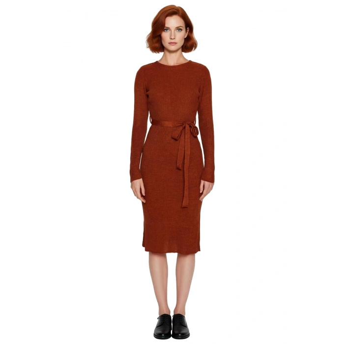 Kadın Kuşaklı Bodycon Triko Midi Elbise Bisiklet Yaka Uzun Standart Kollu Şık İlkbahar Sonbahar