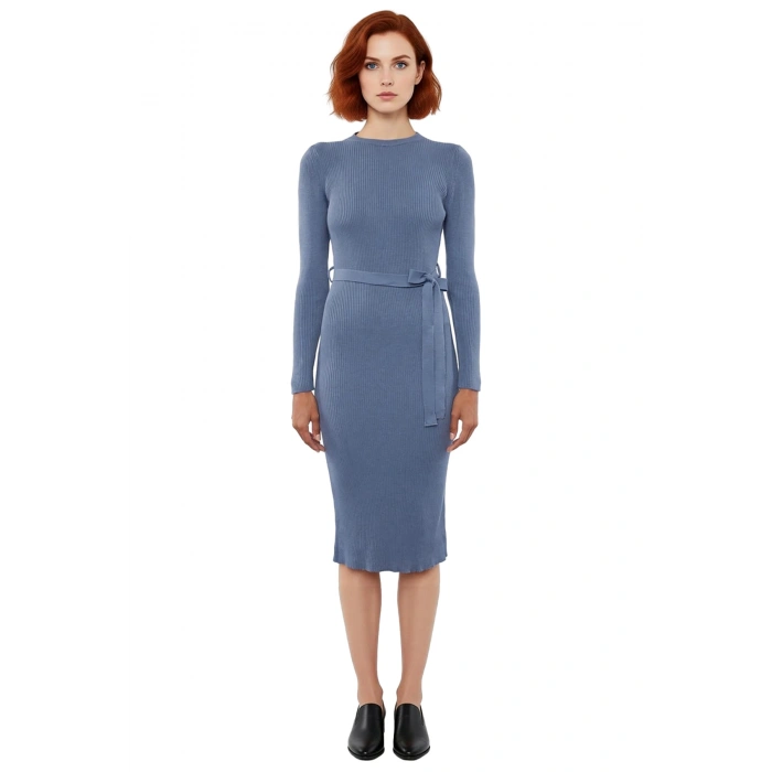 Kadın Kuşaklı Bodycon Triko Midi Elbise Bisiklet Yaka Uzun Standart Kollu Şık İlkbahar Sonbahar