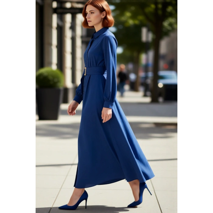 Kadın Kuşaklı Gömlek Yaka Dokuma Maxi Boy Uzun Kollu Düz Desen Şık Elbise Ofis ve Günlük