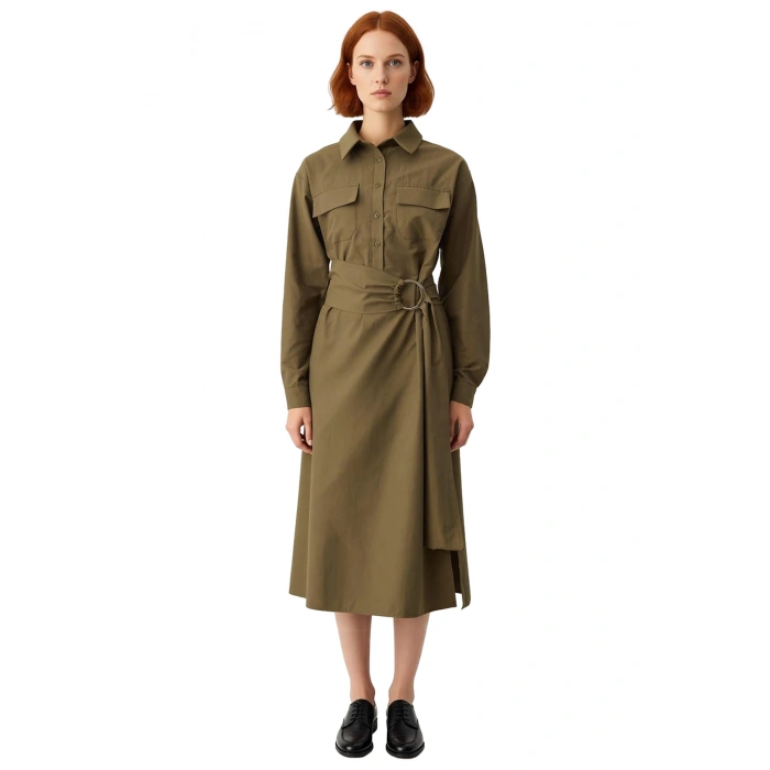 Kadın Kuşaklı Gömlek Yaka Midi Dokuma Elbise A Line Kesimiyle Kış Stiline Modern Dokunuş Kaliteli