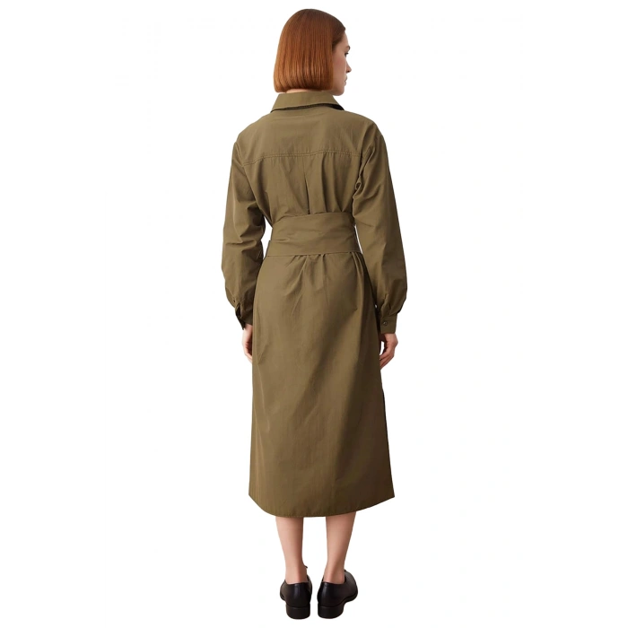 Kadın Kuşaklı Gömlek Yaka Midi Dokuma Elbise A Line Kesimiyle Kış Stiline Modern Dokunuş Kaliteli