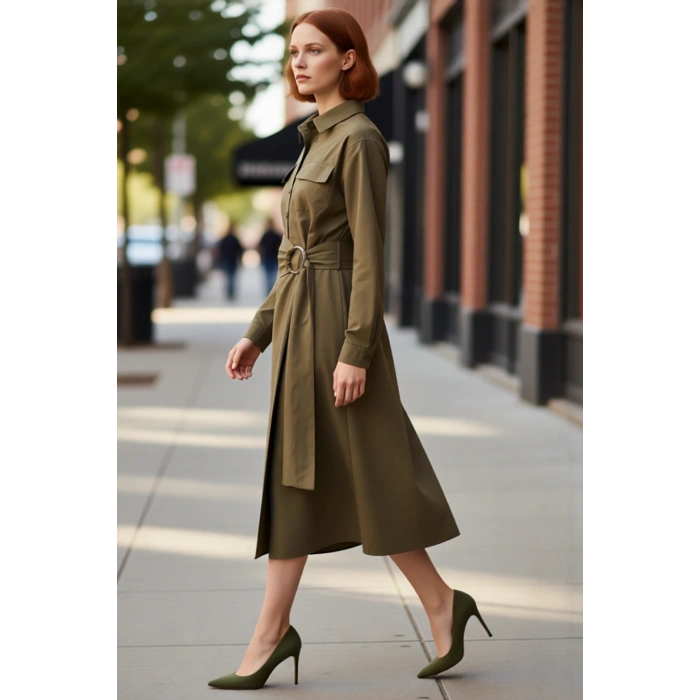 Kadın Kuşaklı Gömlek Yaka Midi Dokuma Elbise A Line Kesimiyle Kış Stiline Modern Dokunuş Kaliteli