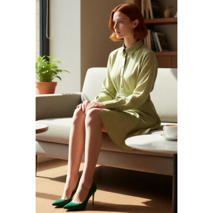 Kadın Kuşaklı Gömlek Yaka Yarasa Kol Uzun Mini Elbise Rahat Şık Dokuma Kumaş Tasarım Kaliteli