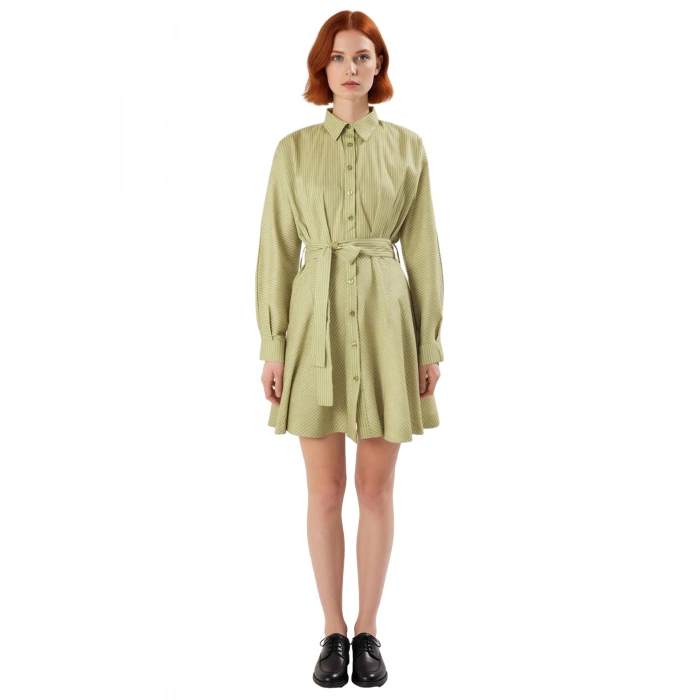 Kadın Kuşaklı Gömlek Yaka Yarasa Kol Uzun Mini Elbise Rahat Şık Dokuma Kumaş Tasarım Kaliteli