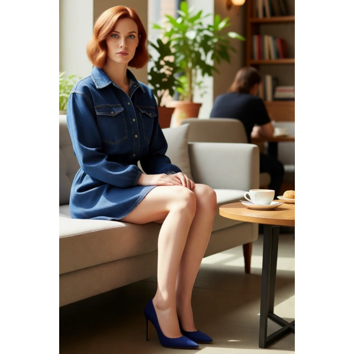 Kadın Lacivert %100 Pamuk Uzun Kollu Gömlek Yaka Lastikli Belli Skater Mini Denim Elbise Kaliteli