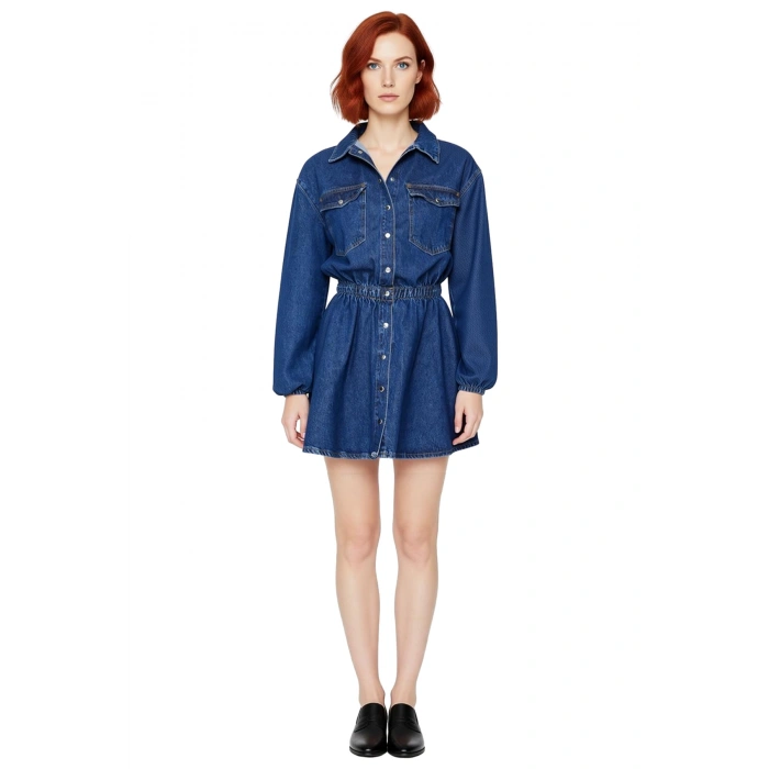 Kadın Lacivert %100 Pamuk Uzun Kollu Gömlek Yaka Lastikli Belli Skater Mini Denim Elbise Kaliteli