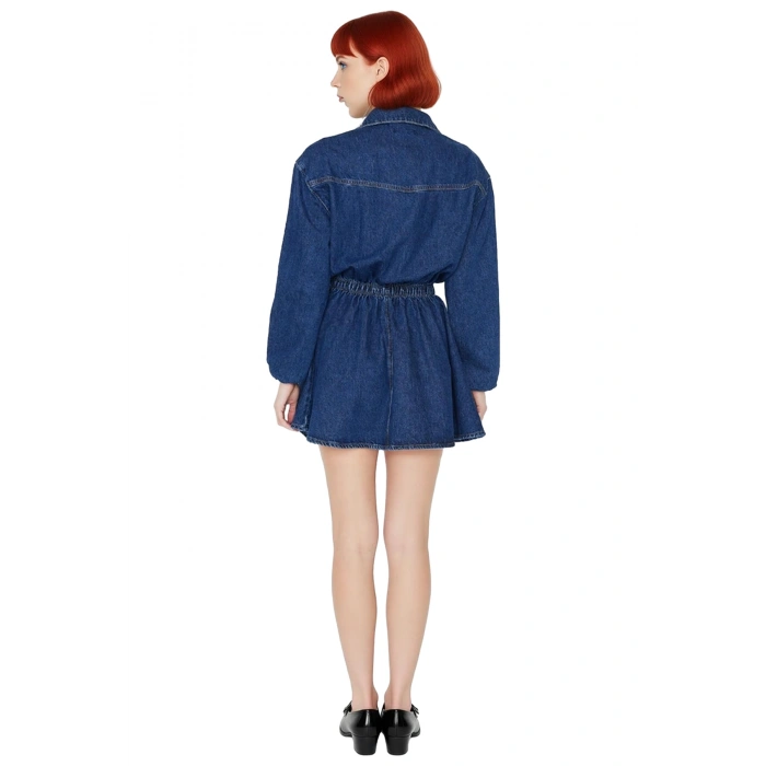 Kadın Lacivert %100 Pamuk Uzun Kollu Gömlek Yaka Lastikli Belli Skater Mini Denim Elbise Kaliteli