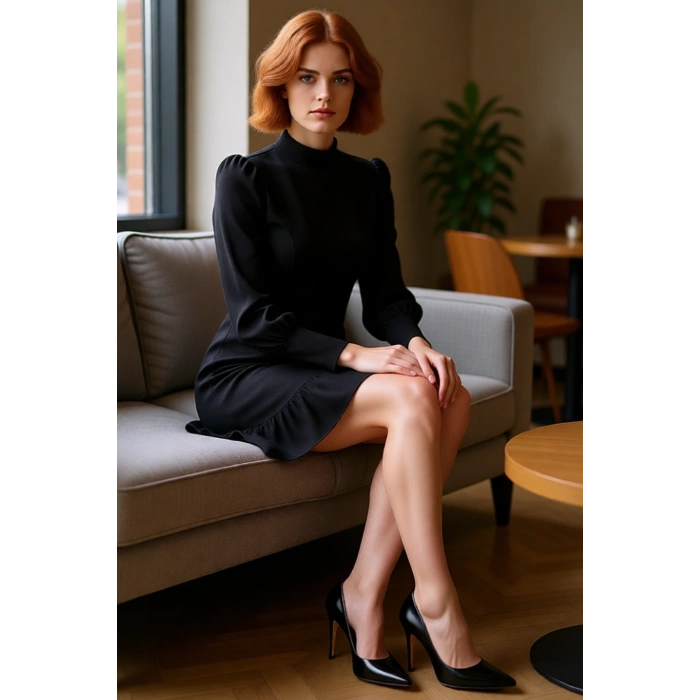 Kadın Lacivert A Kesim Dokuma Elbise Dik Yaka Balon Kollu Mini Boy Sonbahar Kış Ofis Stili