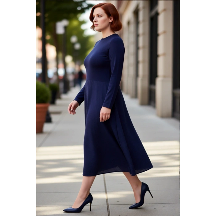 Kadın Lacivert A Line Midi Düz Uzun Kollu Bisiklet Yaka Şık Rahat Dokuma Elbise Kaliteli