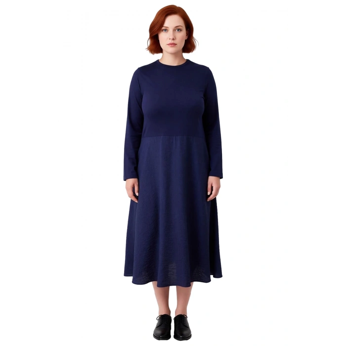 Kadın Lacivert A Line Midi Düz Uzun Kollu Bisiklet Yaka Şık Rahat Dokuma Elbise Kaliteli