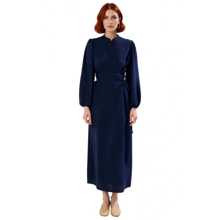 Kadın Lacivert Aerobin Dokuma Maxi Boy Hakim Yaka Britli Düz Rahat Şık Günlük Elbise Kaliteli